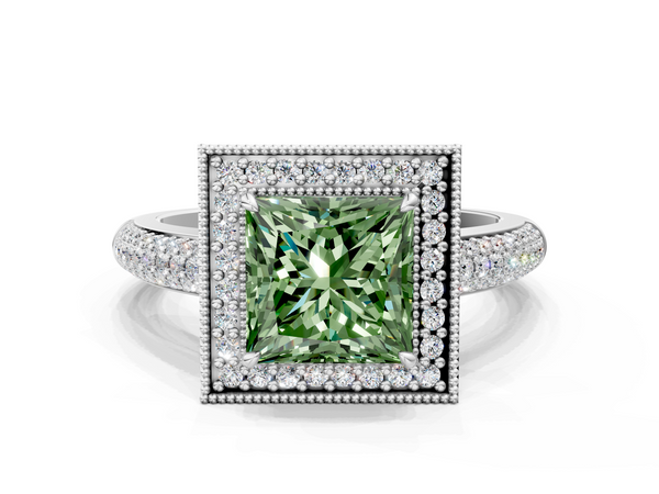 Platinum Fancy Green Princess  Cut Halo Diamond Pave Band with Four-Prong Setting