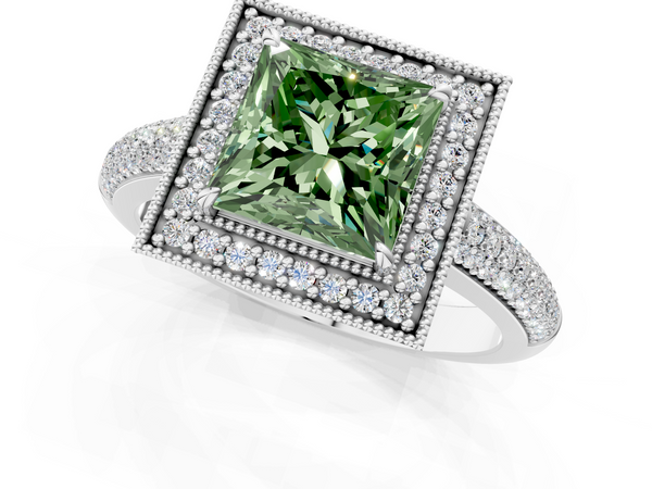 Platinum Fancy Green Princess  Cut Halo Diamond Pave Band with Four-Prong Setting