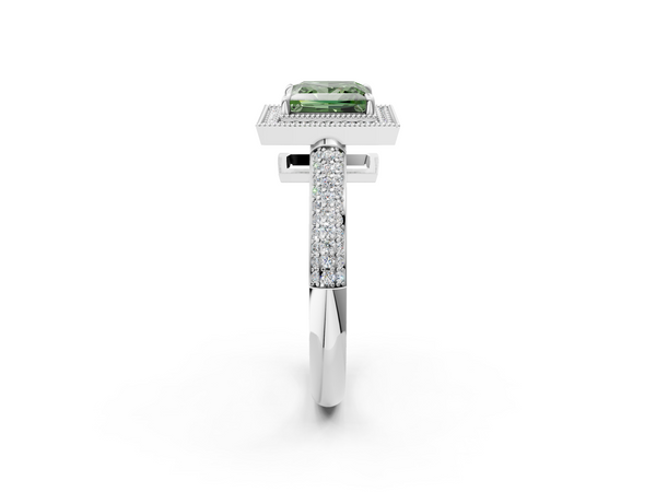 Platinum Fancy Green Princess  Cut Halo Diamond Pave Band with Four-Prong Setting
