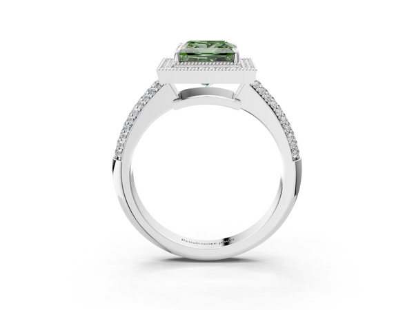 Platinum Fancy Green Princess  Cut Halo Diamond Pave Band with Four-Prong Setting