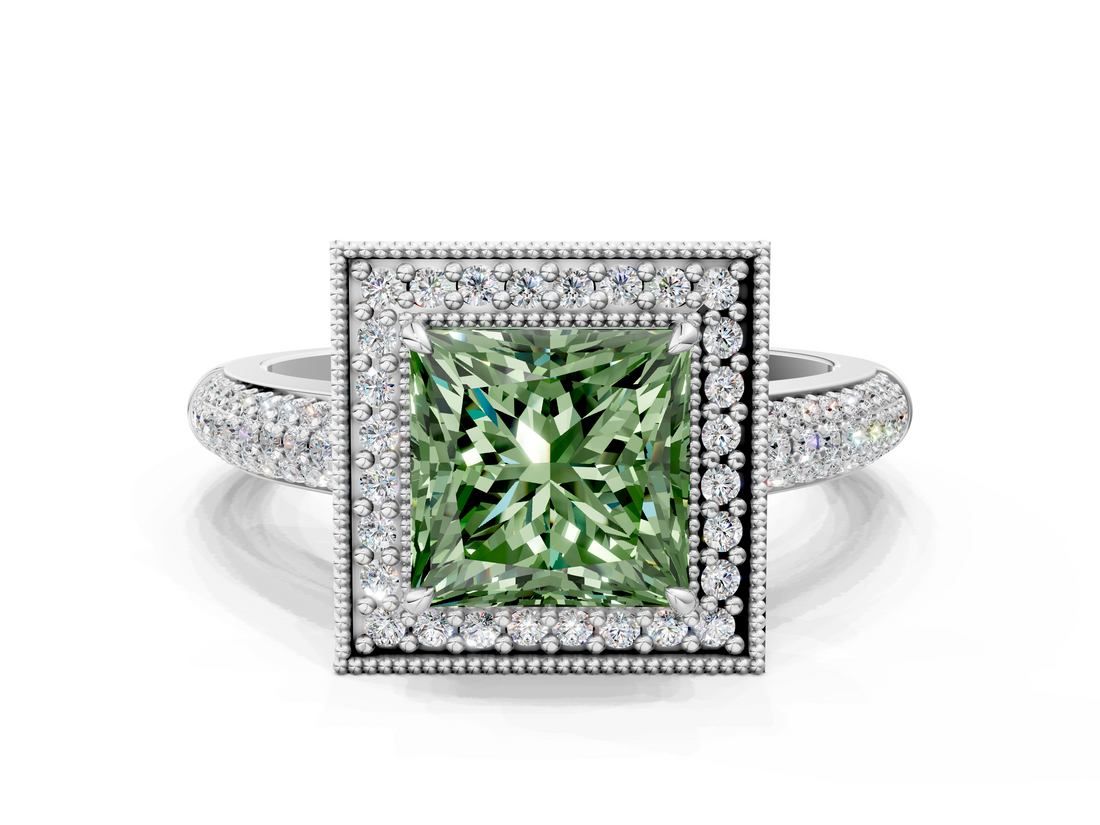 White gold Fancy Green Princess  Cut Halo Diamond Pave Band with Four-Prong Setting