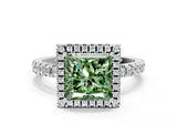 White gold Fancy Green Princess Cut Halo Diamond Pave Band with Prong Setting