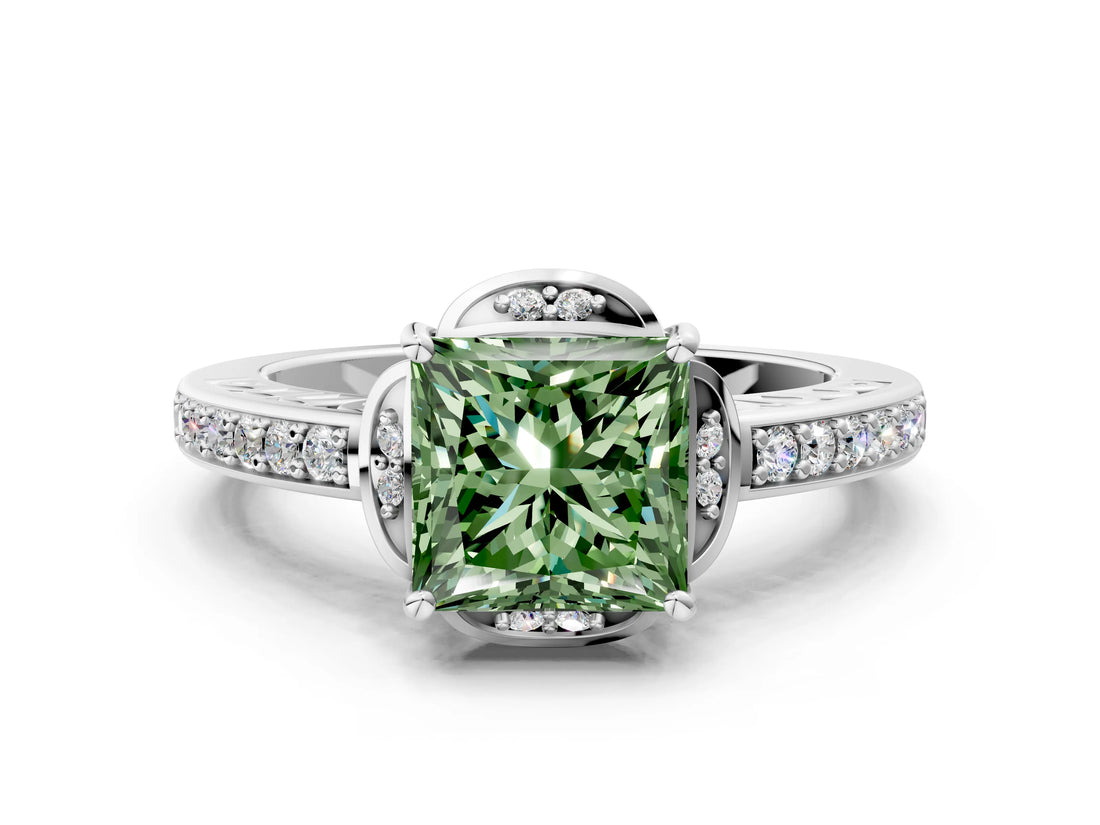 White gold Fancy Green Princess  Cut Halo Diamond Ring with Channel Set Band and Four-Prong Setting_29