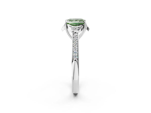 White gold Fancy Green Princess  Cut Halo Diamond Ring with Channel Set Band and Four-Prong Setting