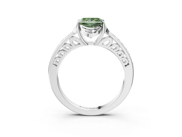White gold Fancy Green Princess  Cut Halo Diamond Ring with Channel Set Band and Four-Prong Setting
