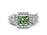 White gold Fancy Green Princess Cut Halo Diamond Ring with Milgrain and Bezel Accents on a Split Shank Band