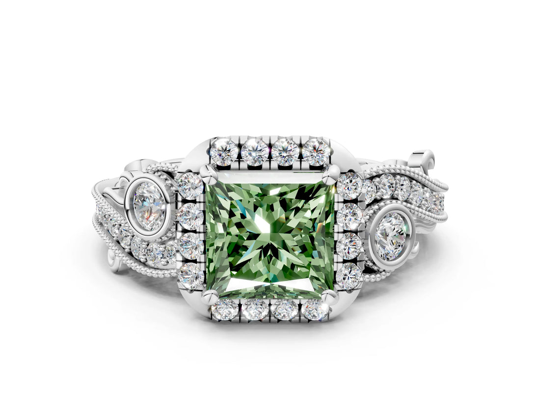 White gold Fancy Green Princess Cut Halo Diamond Ring with Milgrain and Bezel Accents on a Split Shank Band_12