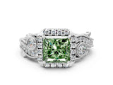 White gold Fancy Green Princess Cut Halo Diamond Ring with Milgrain and Bezel Accents on a Split Shank Band_12