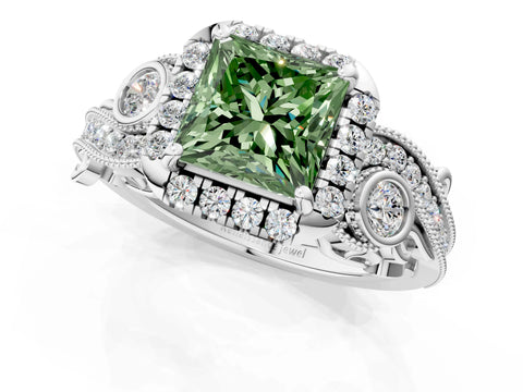 White gold Fancy Green Princess Cut Halo Diamond Ring with Milgrain and Bezel Accents on a Split Shank Band_1