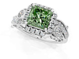 White gold Fancy Green Princess Cut Halo Diamond Ring with Milgrain and Bezel Accents on a Split Shank Band_1