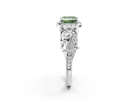 White gold Fancy Green Princess Cut Halo Diamond Ring with Milgrain and Bezel Accents on a Split Shank Band_2