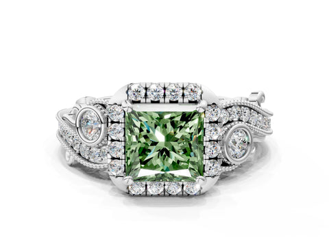White gold Fancy Green Princess Cut Halo Diamond Ring with Milgrain and Bezel Accents on a Split Shank Band
