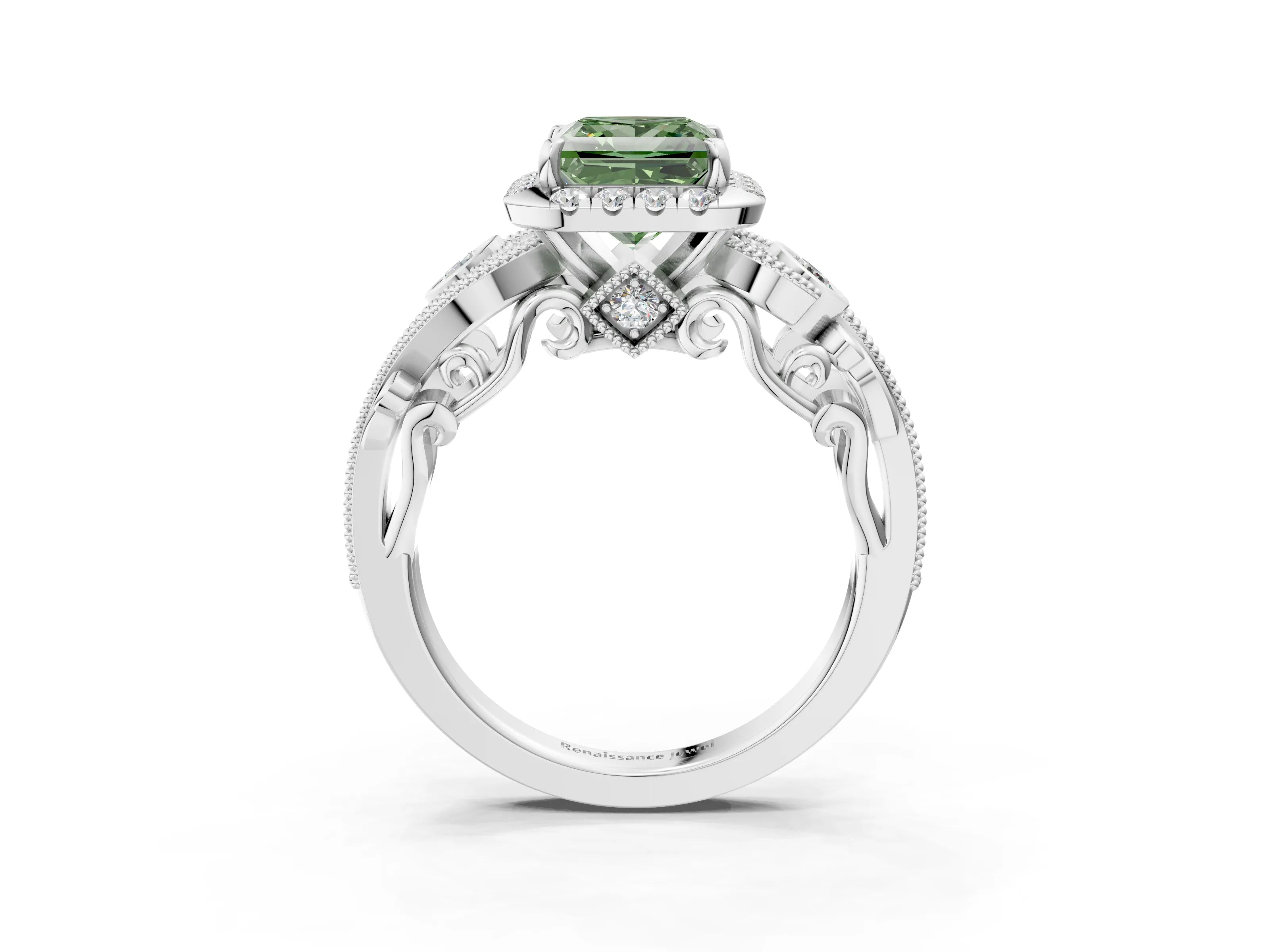 White gold Fancy Green Princess Cut Halo Diamond Ring with Milgrain and Bezel Accents on a Split Shank Band_3