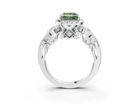 White gold Fancy Green Princess Cut Halo Diamond Ring with Milgrain and Bezel Accents on a Split Shank Band_3