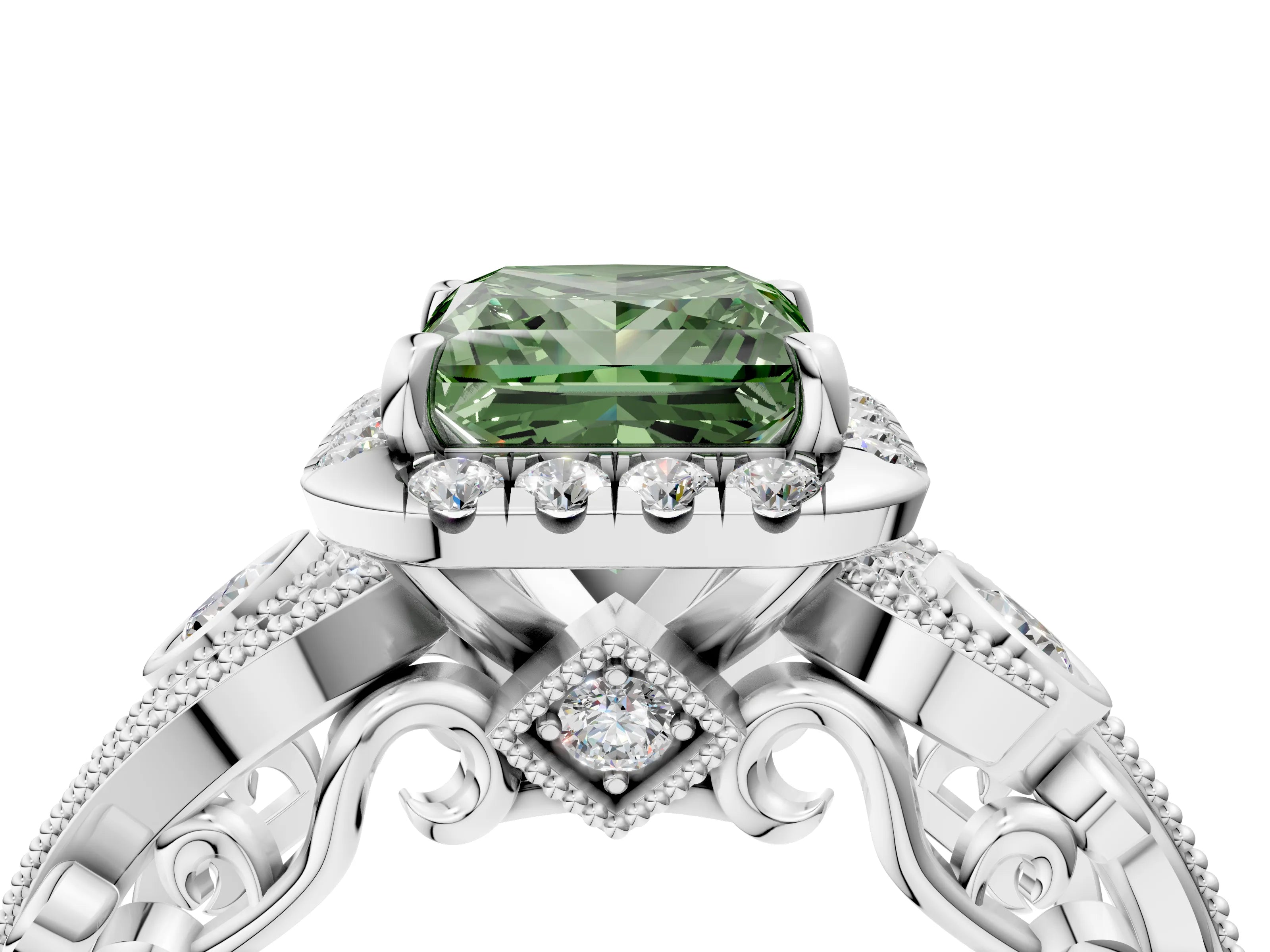 White gold Fancy Green Princess Cut Halo Diamond Ring with Milgrain and Bezel Accents on a Split Shank Band_4