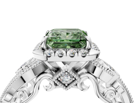 White gold Fancy Green Princess Cut Halo Diamond Ring with Milgrain and Bezel Accents on a Split Shank Band_4