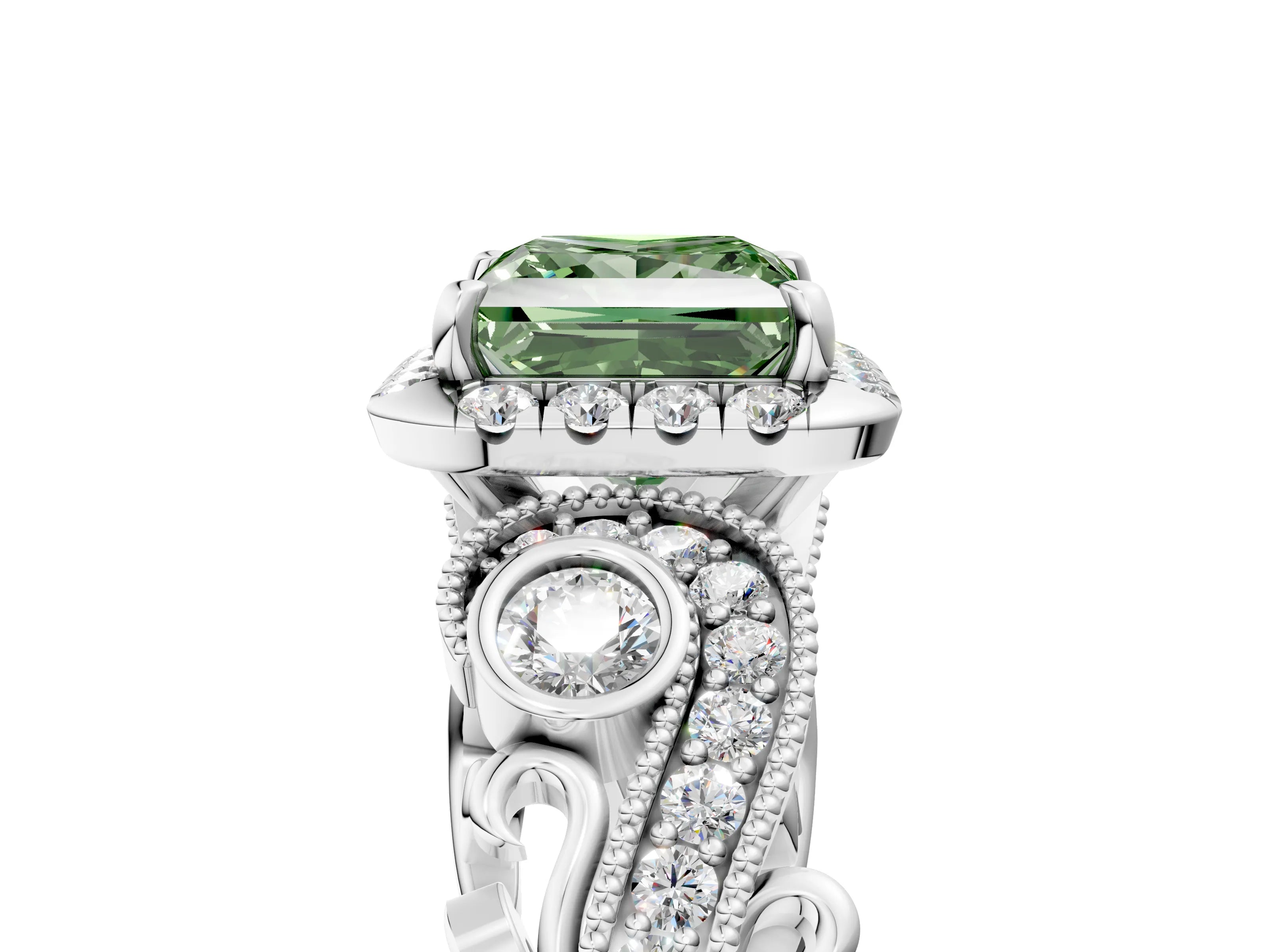 White gold Fancy Green Princess Cut Halo Diamond Ring with Milgrain and Bezel Accents on a Split Shank Band_5