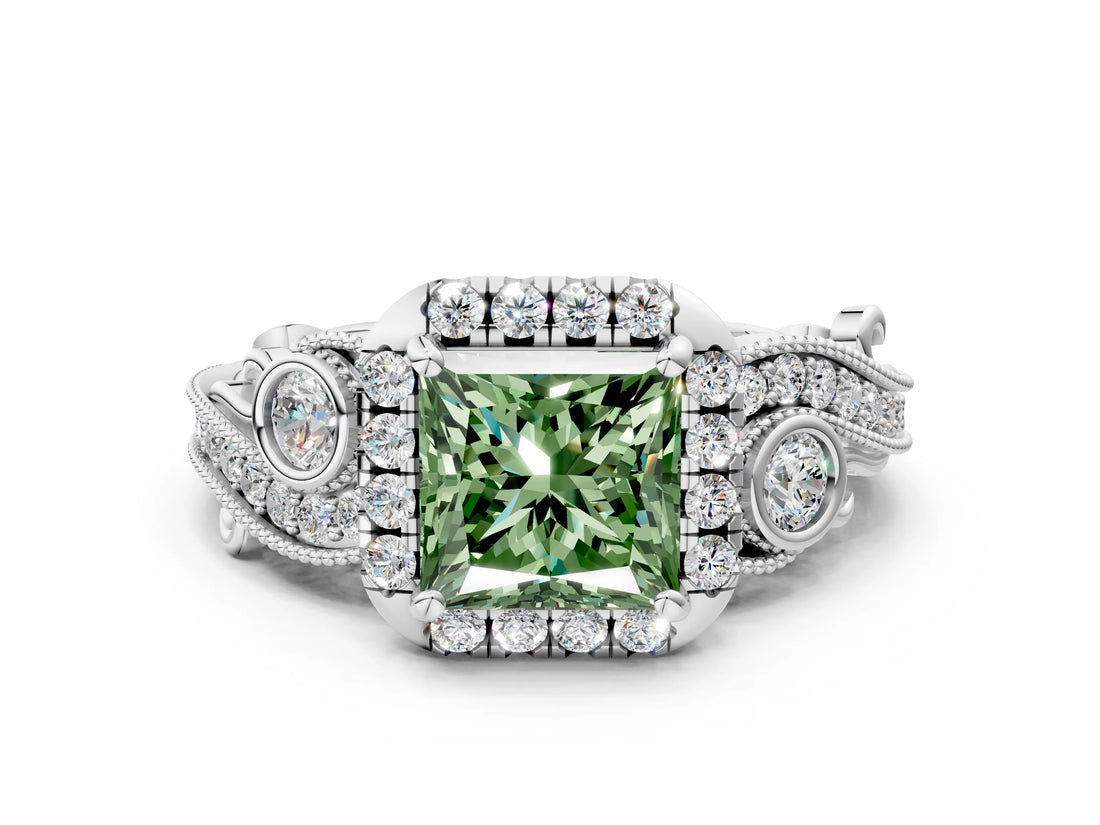White gold Fancy Green Princess Cut Halo Diamond Ring with Milgrain and Bezel Accents on a Split Shank Band