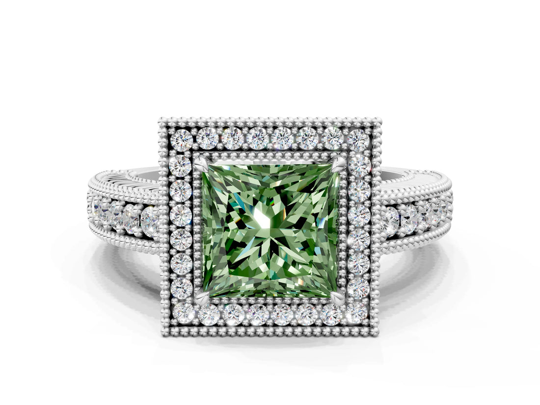 White gold Fancy Green Princess  Cut Halo Diamond Ring with Pavé Band and Four-Prong Setting_53