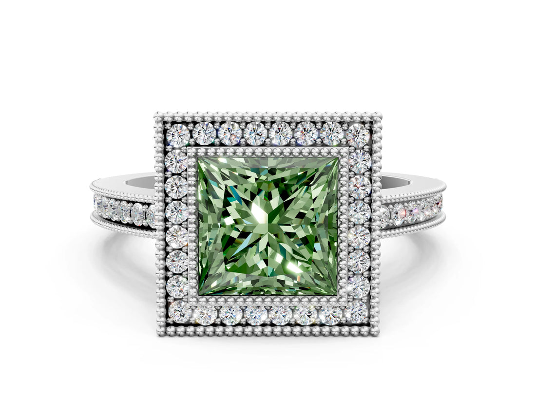 White gold Fancy Green Princess  Cut Halo Diamond Ring with Pavé Band and Milgrain Prong Setting_31