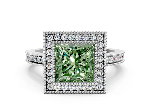 Platinum Fancy Green Princess  Cut Halo Diamond Ring with Pavé Band and Milgrain Prong Setting