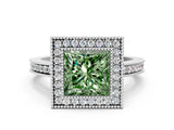 White gold Fancy Green Princess  Cut Halo Diamond Ring with Pavé Band and Milgrain Prong Setting_32