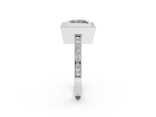 Platinum Fancy Green Princess  Cut Halo Diamond Ring with Pavé Band and Milgrain Prong Setting