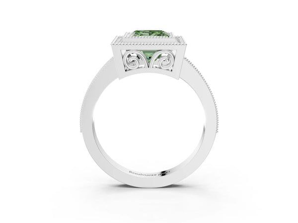Platinum Fancy Green Princess  Cut Halo Diamond Ring with Pavé Band and Milgrain Prong Setting