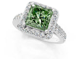 White gold Fancy Green Princess Cut Halo Diamond Ring with Pavé Band and Three-Prong Setting_1