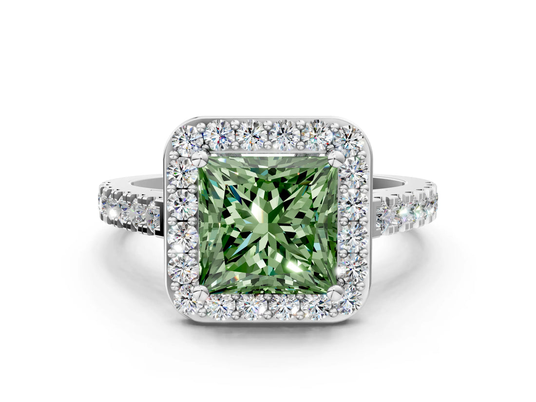 White gold Fancy Green Princess Cut Halo Diamond Ring with Pavé Band and Three-Prong Setting_12