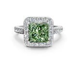 White gold Fancy Green Princess Cut Halo Diamond Ring with Pavé Band and Three-Prong Setting_12