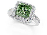 White gold Fancy Green Princess Cut Halo Diamond Ring with Pavé Band and Three-Prong Setting_13
