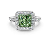 White gold Fancy Green Princess Cut Halo Diamond Ring with Pavé Band and Three-Prong Setting