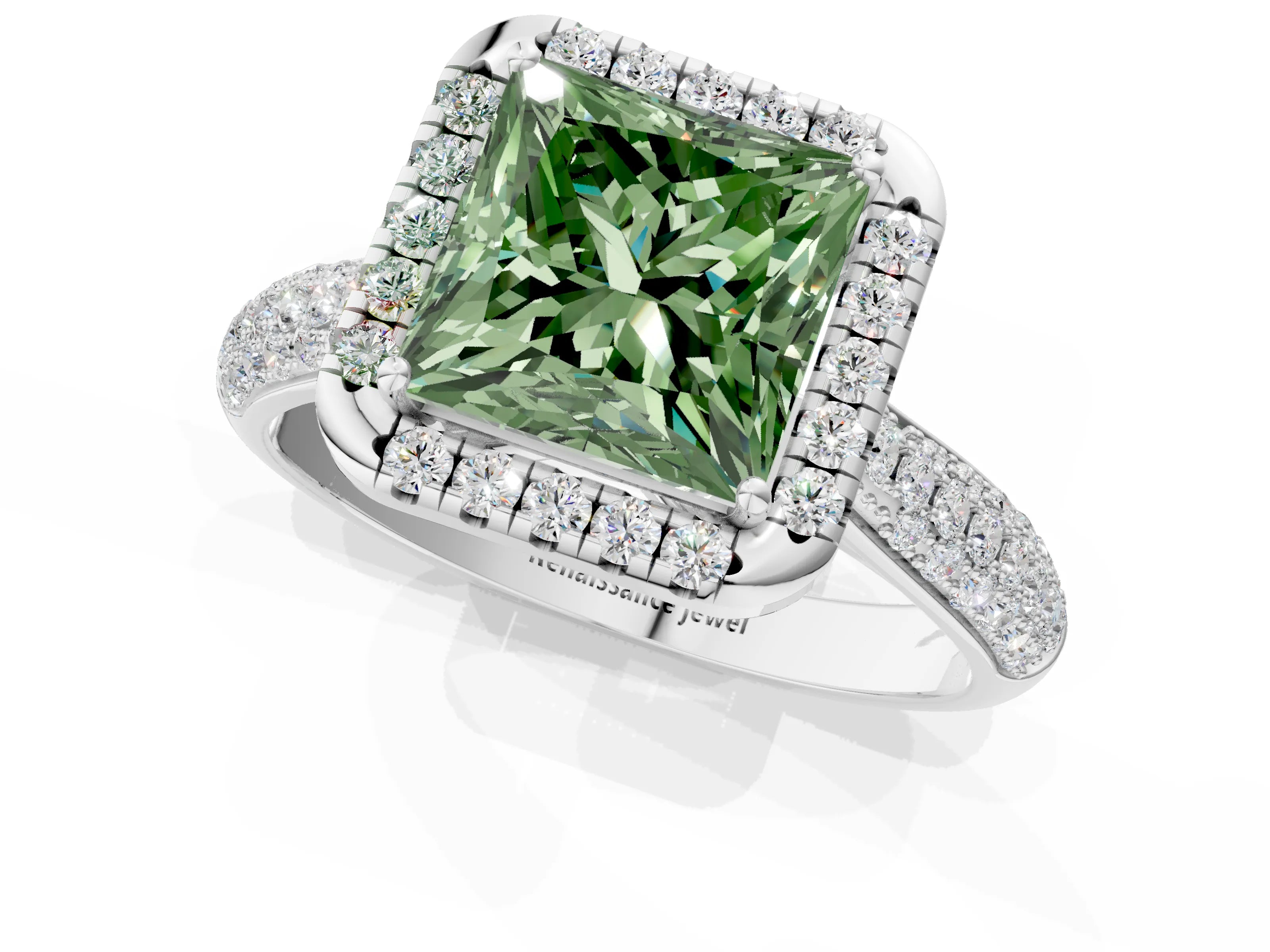 White gold Fancy Green Princess Cut Halo Diamond Ring with Pavé Band_1