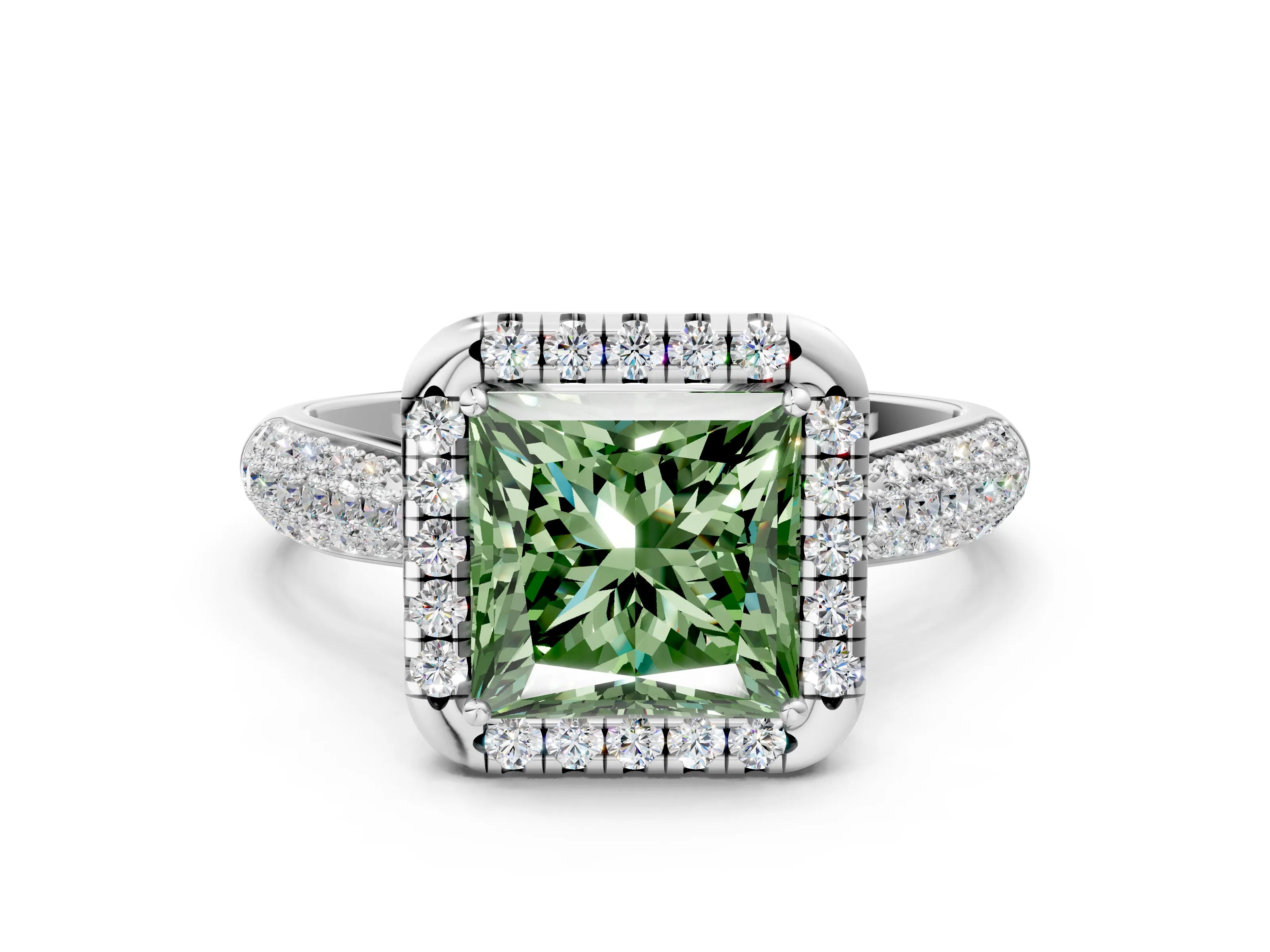 White gold Fancy Green Princess Cut Halo Diamond Ring with Pavé Band_24