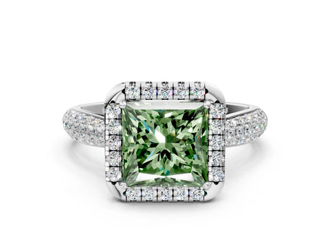White gold Fancy Green Princess Cut Halo Diamond Ring with Pavé Band_24