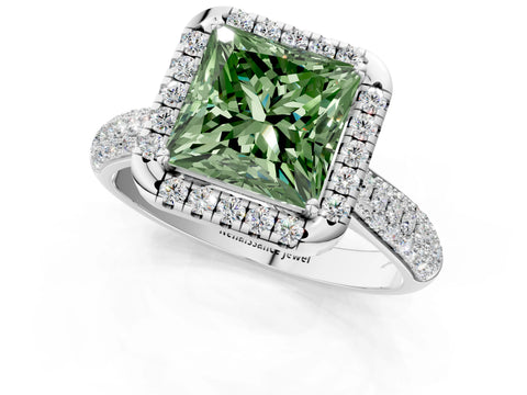 White gold Fancy Green Princess Cut Halo Diamond Ring with Pavé Band_25