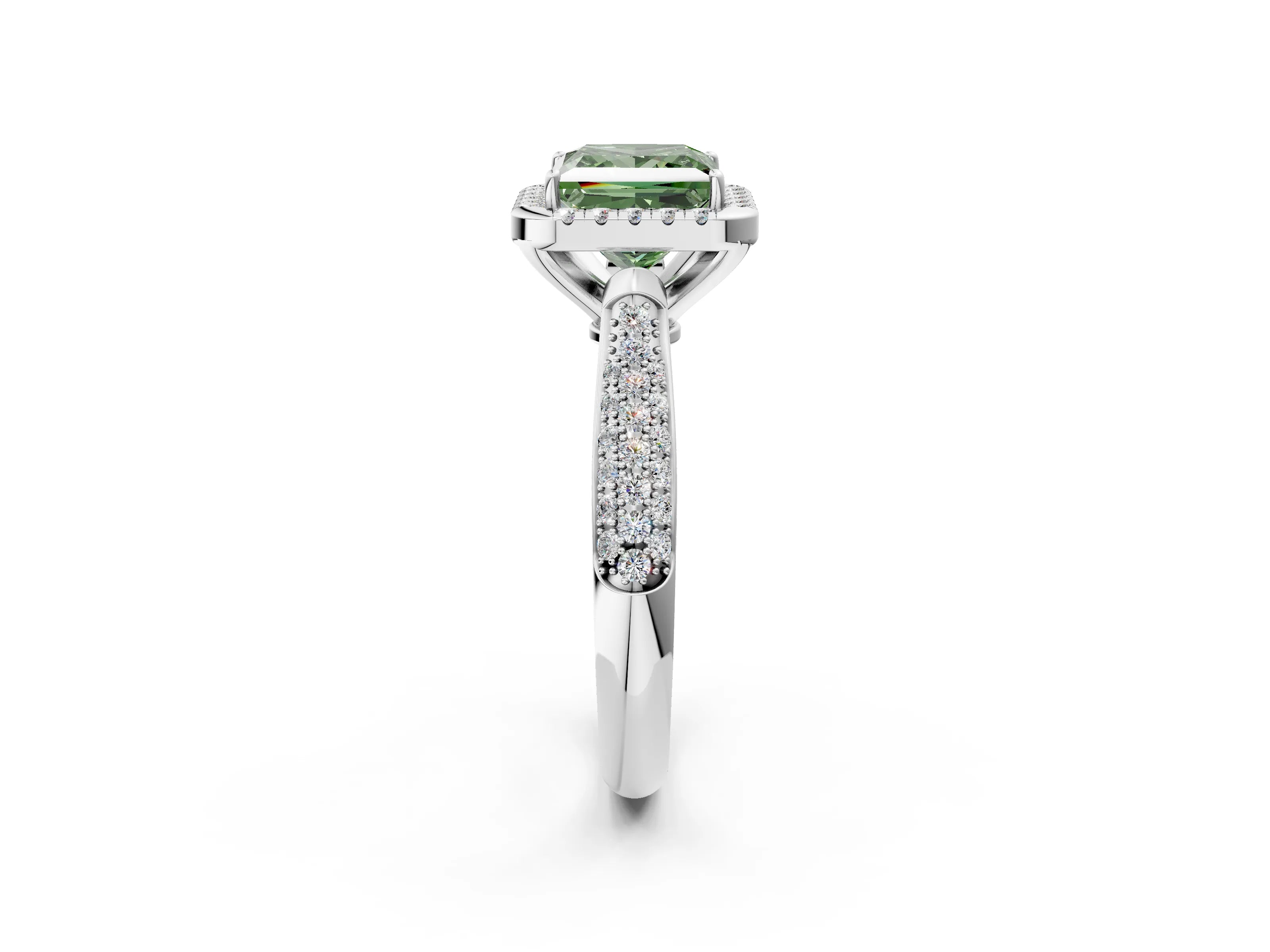 White gold Fancy Green Princess Cut Halo Diamond Ring with Pavé Band_26
