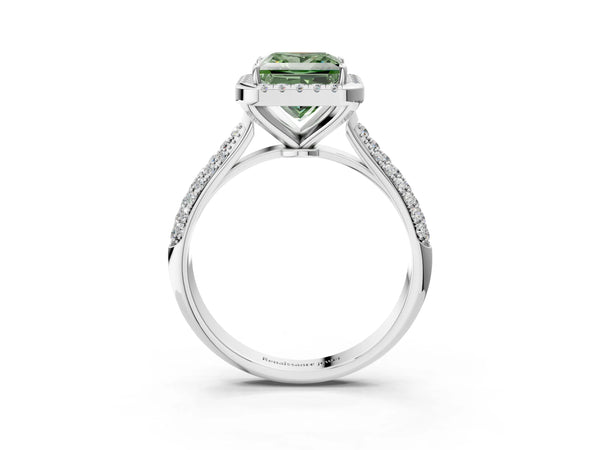 Platinum Fancy Green Princess Cut Halo Diamond Ring with Pavé Band
