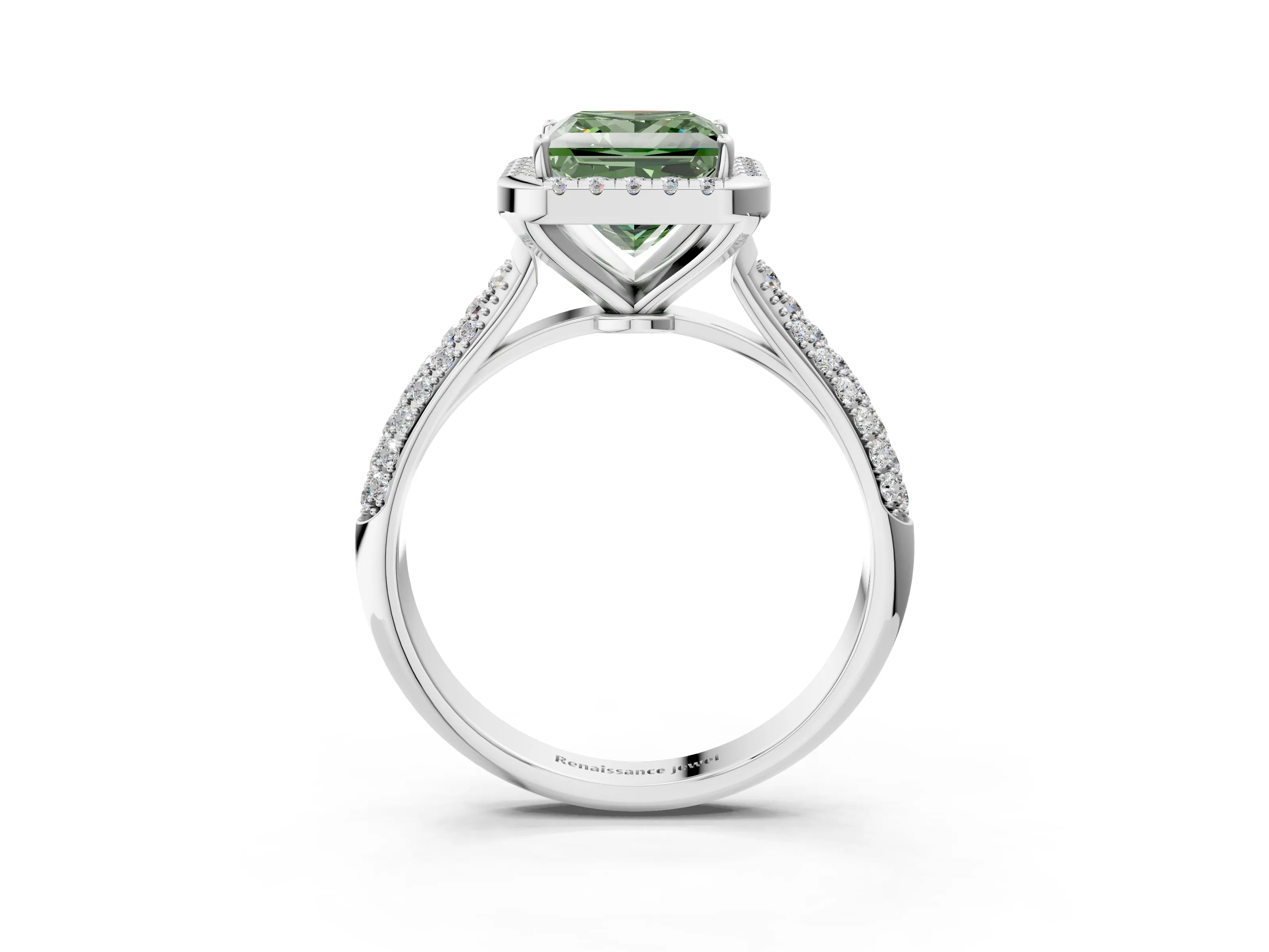 White gold Fancy Green Princess Cut Halo Diamond Ring with Pavé Band_27