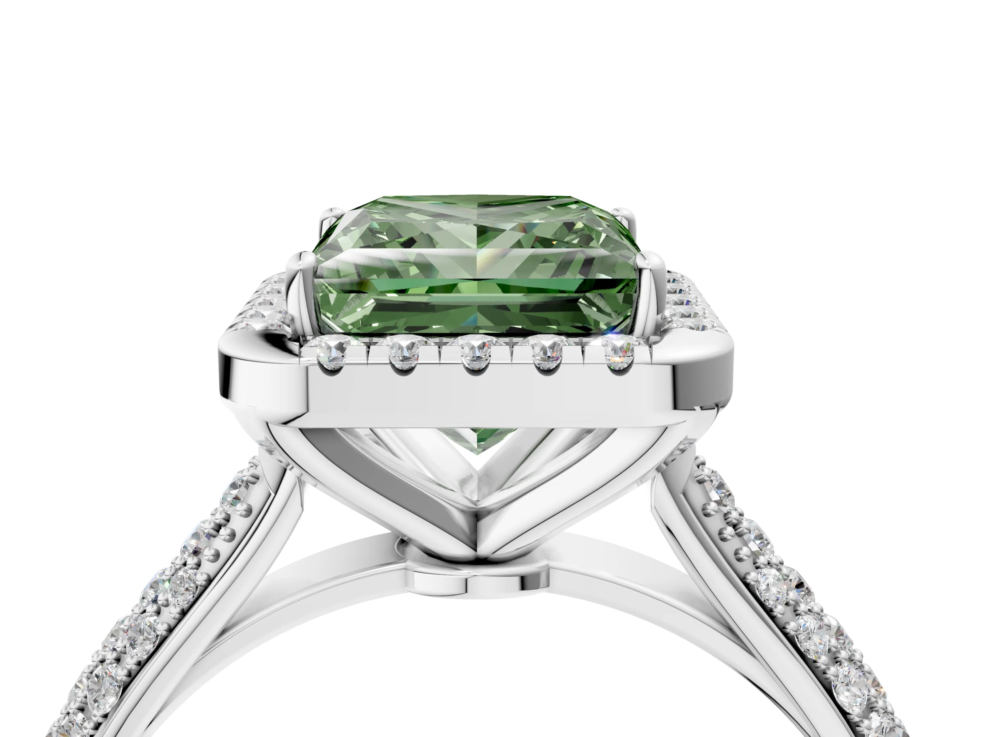 White gold Fancy Green Princess Cut Halo Diamond Ring with Pavé Band_28