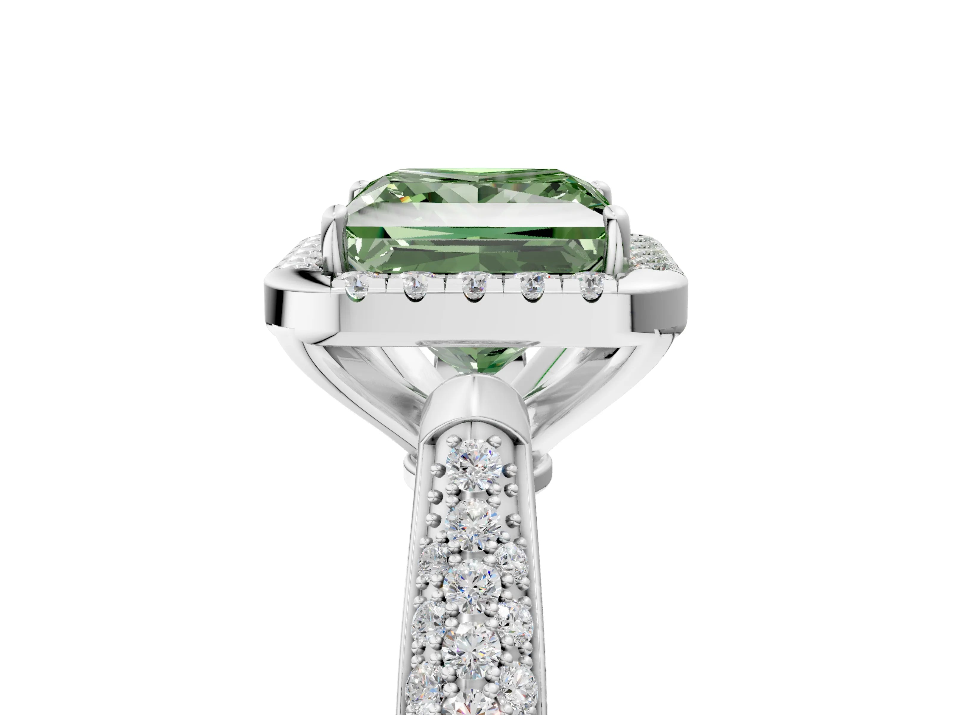 White gold Fancy Green Princess Cut Halo Diamond Ring with Pavé Band_29