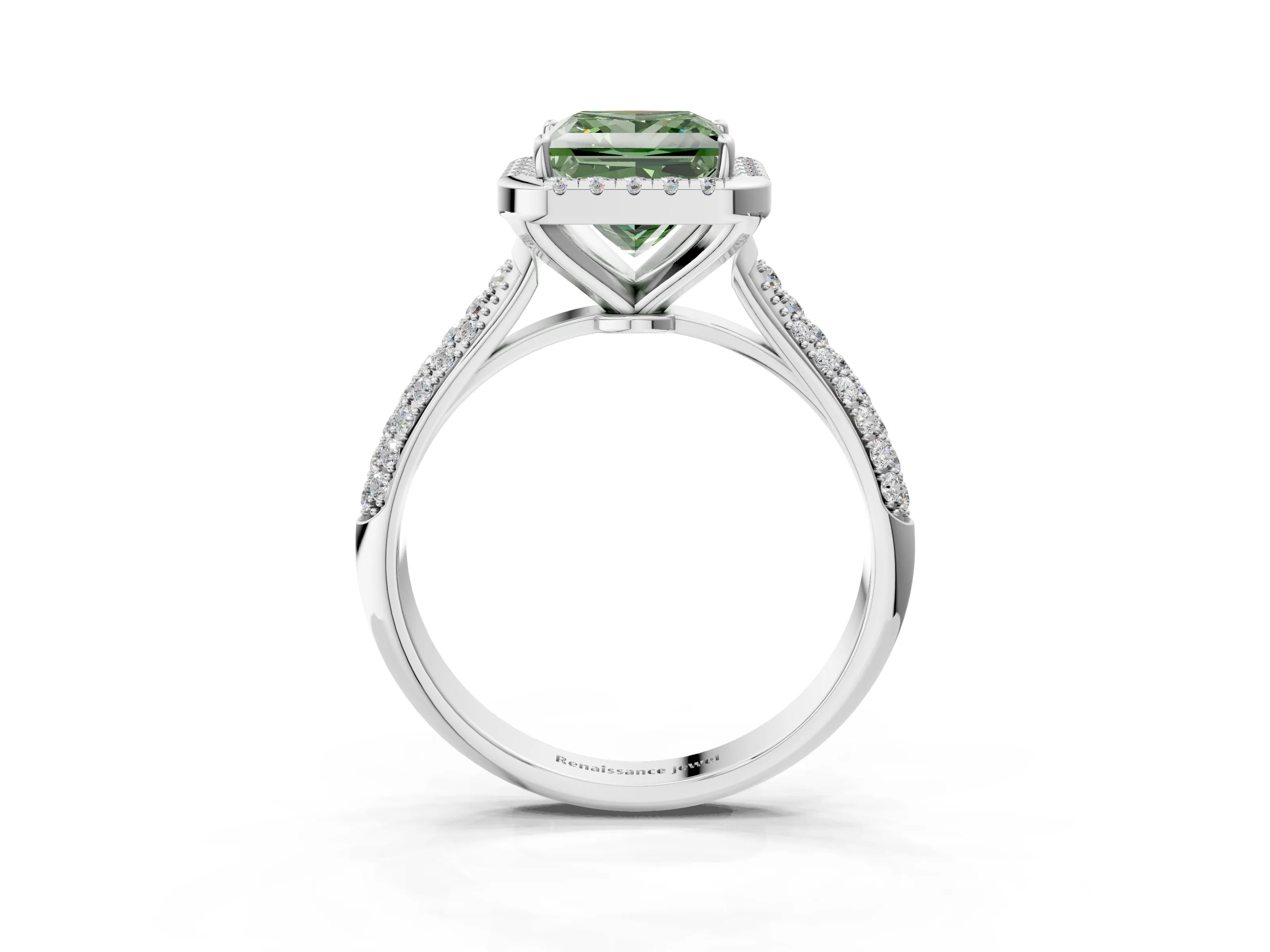 White gold Fancy Green Princess Cut Halo Diamond Ring with Pavé Band_3