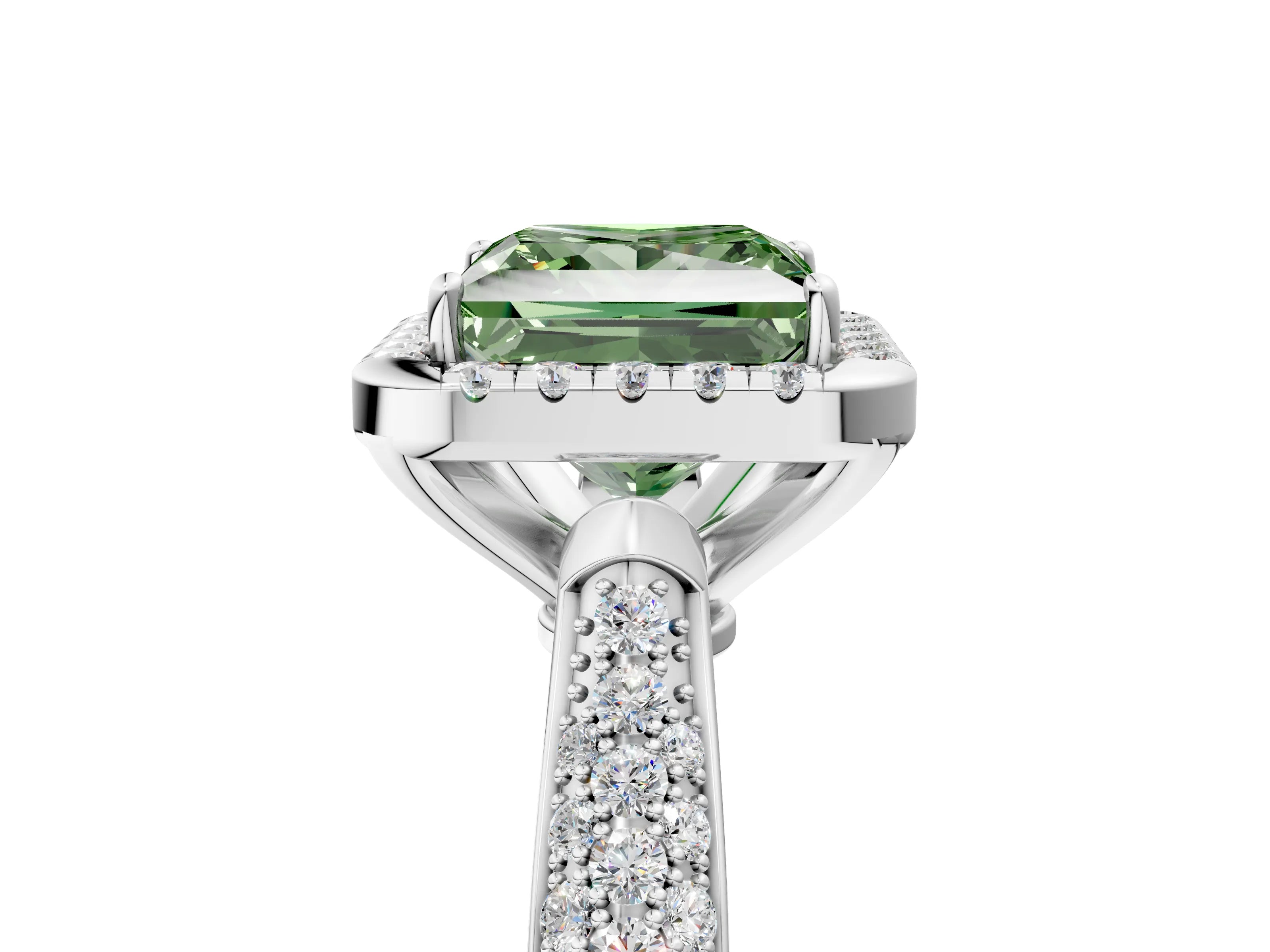 White gold Fancy Green Princess Cut Halo Diamond Ring with Pavé Band_5