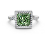 White gold Fancy Green Princess  Cut Halo Diamond Ring with Pave Band and Four-Prong Setting