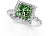 White gold Fancy Green Princess  Cut Halo Diamond Ring with Pave Band and Four-Prong Setting_1