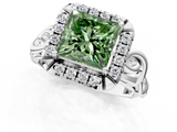 White gold Fancy Green Princess  Cut Halo Diamond Ring with Scrollwork Band and Four-Prong Setting_1