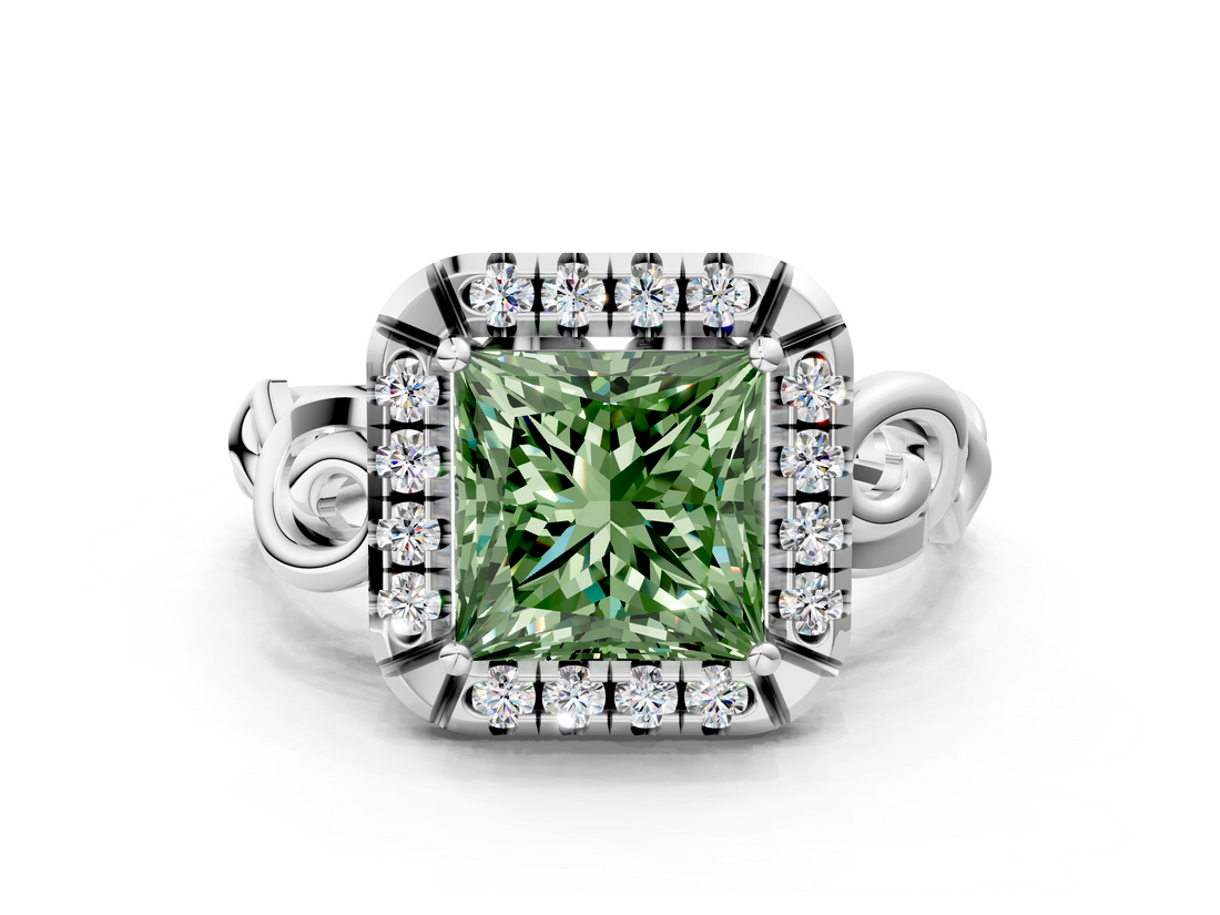 White gold Fancy Green Princess  Cut Halo Diamond Ring with Scrollwork Band and Four-Prong Setting