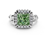 White gold Fancy Green Princess  Cut Halo Diamond Ring with Scrollwork Band and Four-Prong Setting