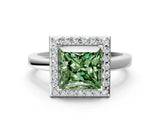 White gold Fancy Green Princess Cut Halo Diamond Ring with Solitaire Band and Prong Setting